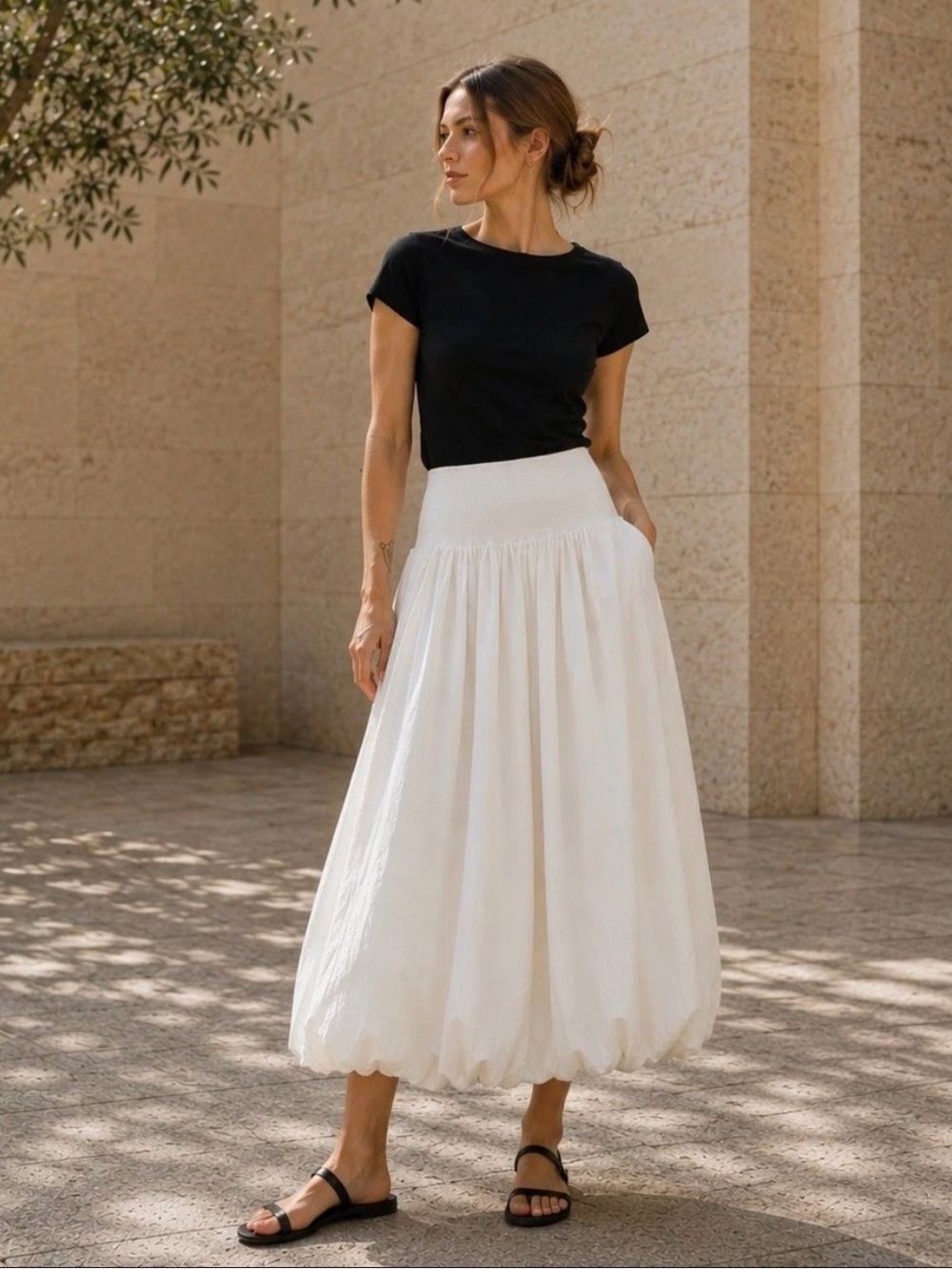 Emerson Lang Bubble Hem Midi Skirt M Ivory NWOT Minimalist Avant Garde Boho